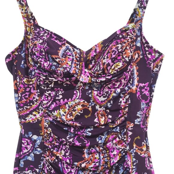 Miraclesuit One Piece size 12/14 Plum Paisley Ruched Tummy control Swimsuit - Picture 3 of 14